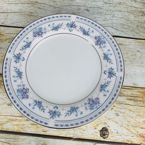 Seizan China BLUE DAWN Blue Purple Flowers Platinum Trim Salad Plates Set of 7 - Picture 5 of 11